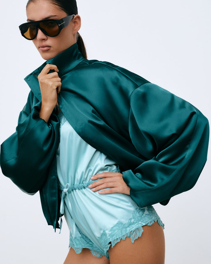 AZURE LACED ROMPER IN SILK SATIN