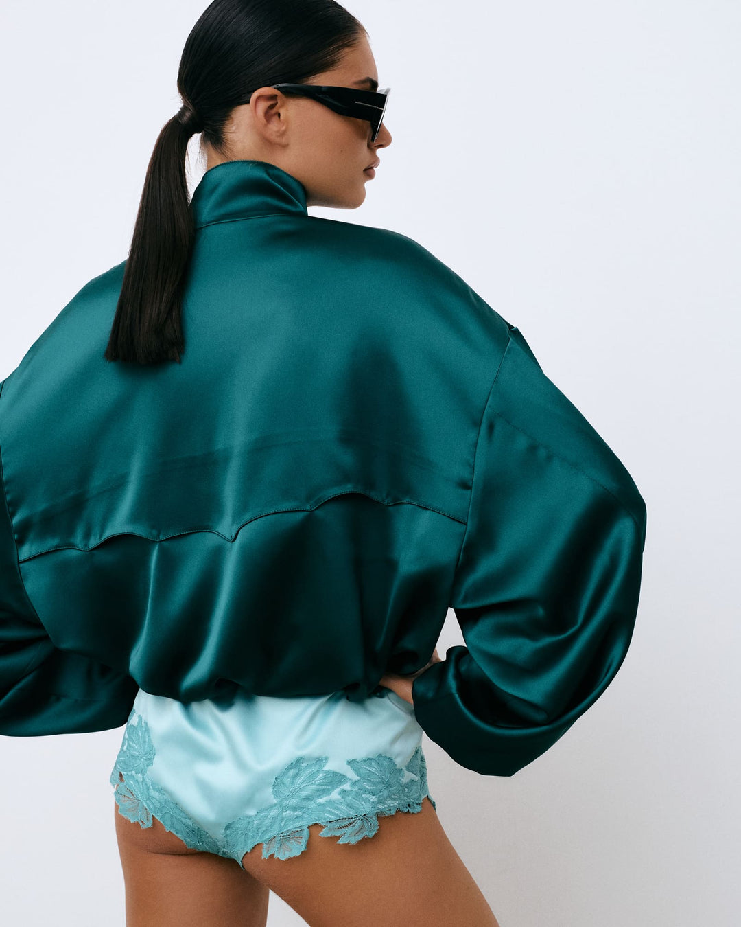 AZURE LACED ROMPER IN SILK SATIN