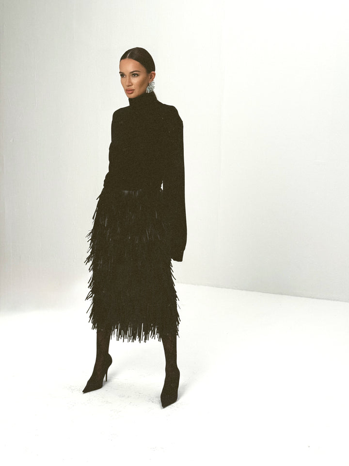 Noir fringed viscose-wool midi skirt