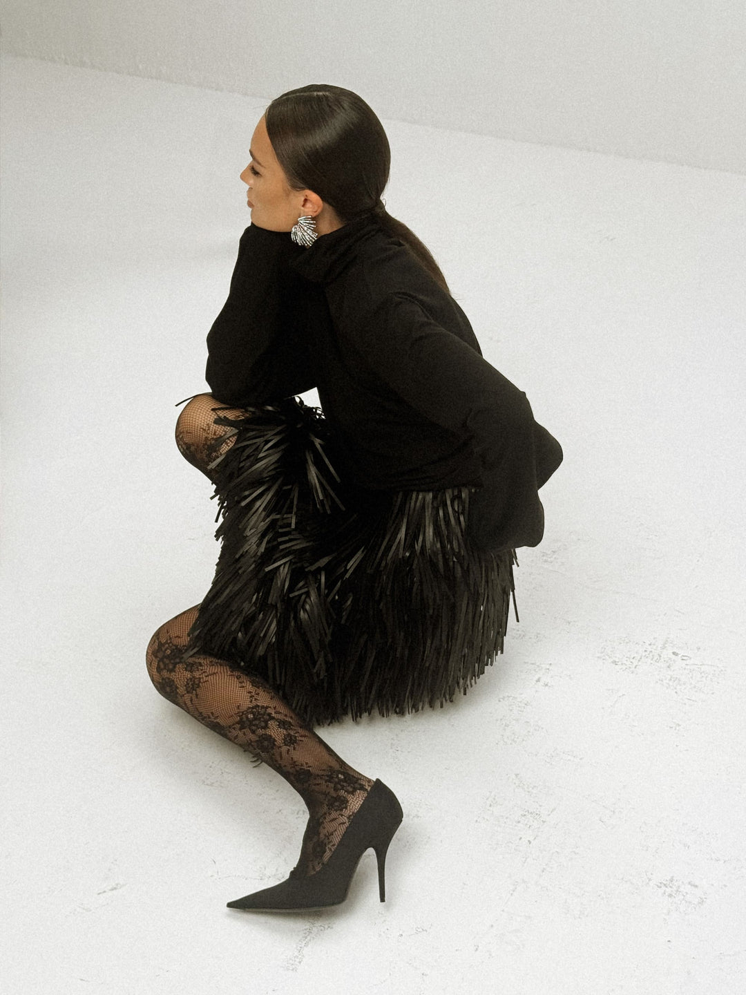Noir fringed viscose-wool midi skirt