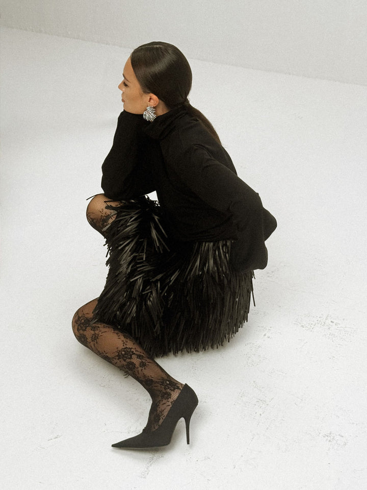 Noir fringed viscose-wool midi skirt
