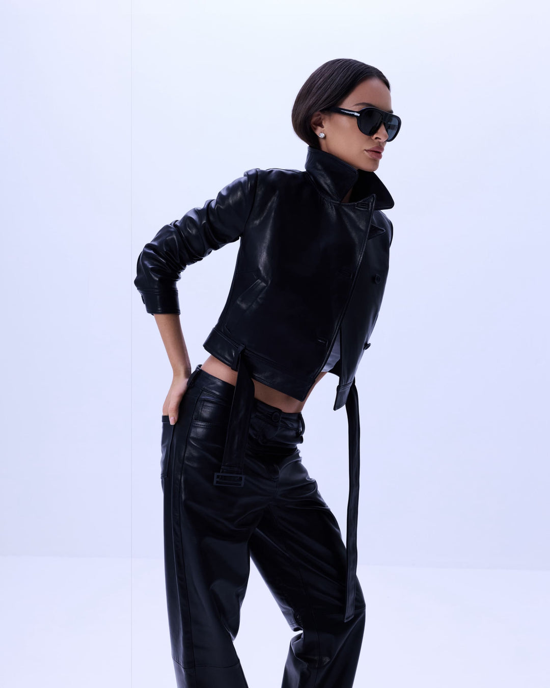 High neck fitted leather jacket with waist belt