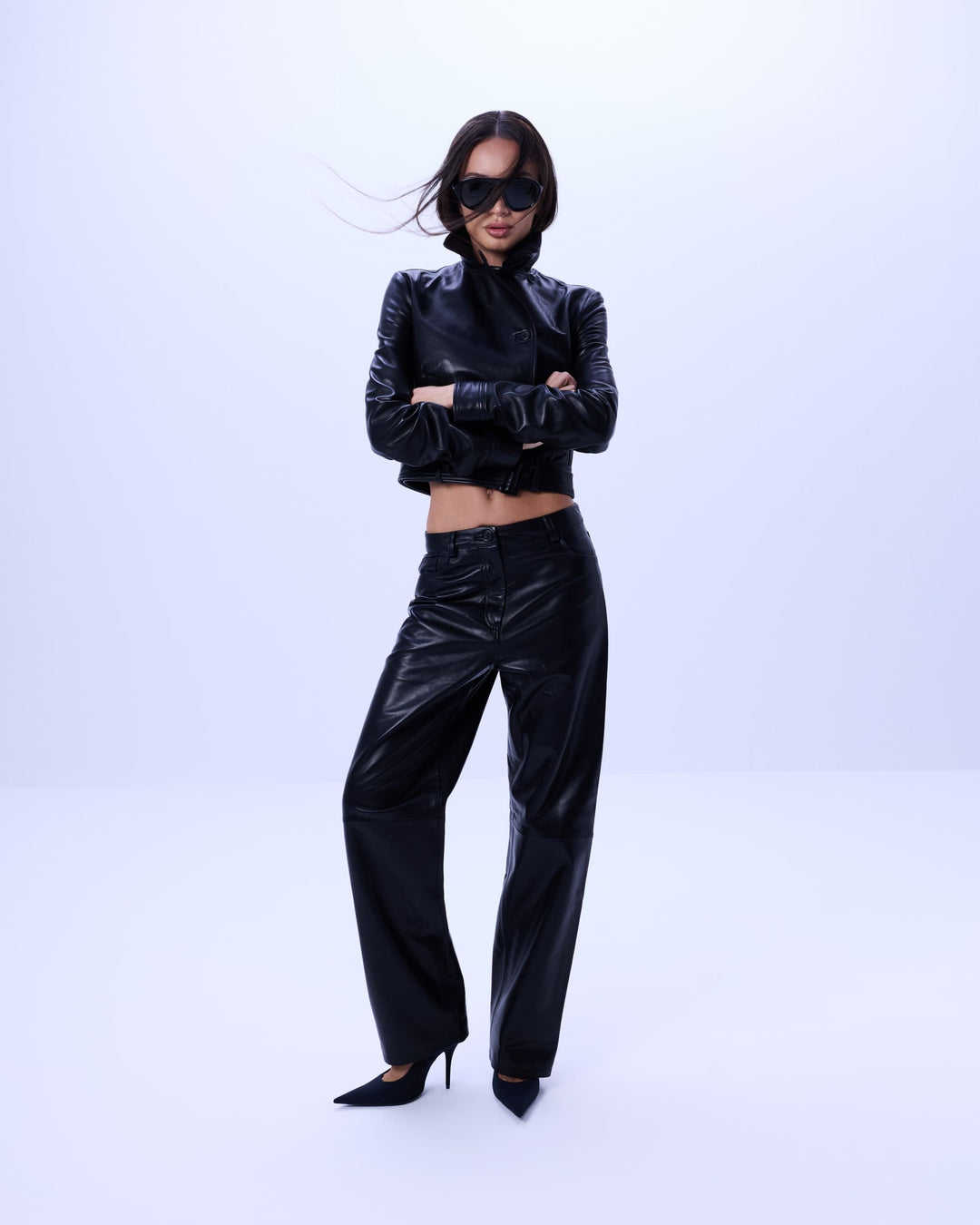 High neck fitted leather jacket with waist belt