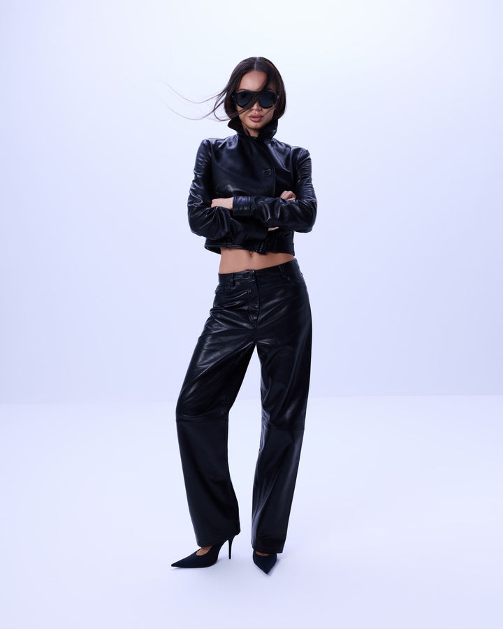High neck fitted leather jacket with waist belt