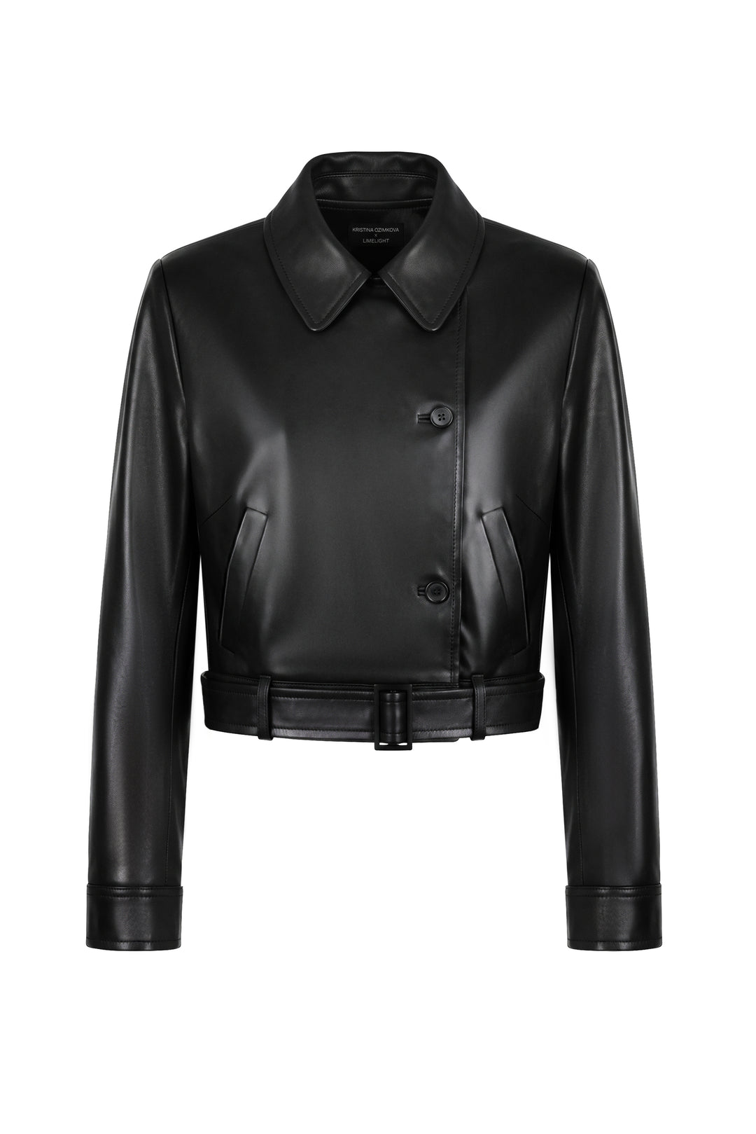 High neck fitted leather jacket with waist belt