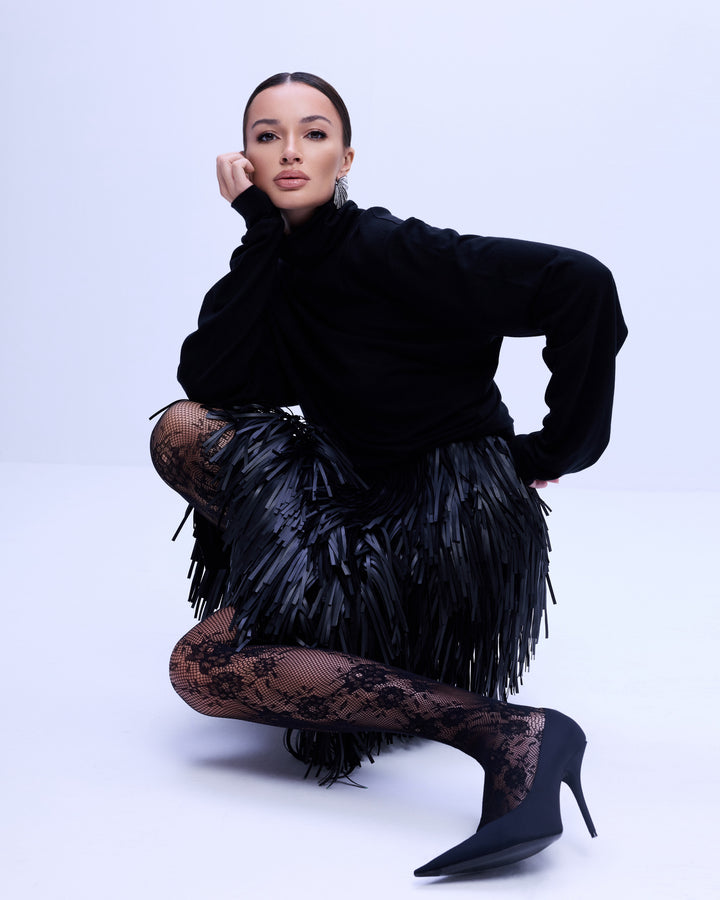 Noir wool-viscose draped turtleneck sweater