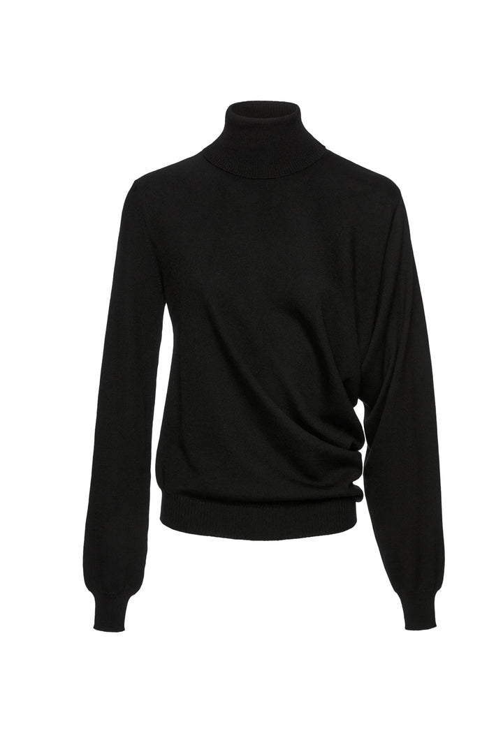 Noir wool-viscose draped turtleneck sweater